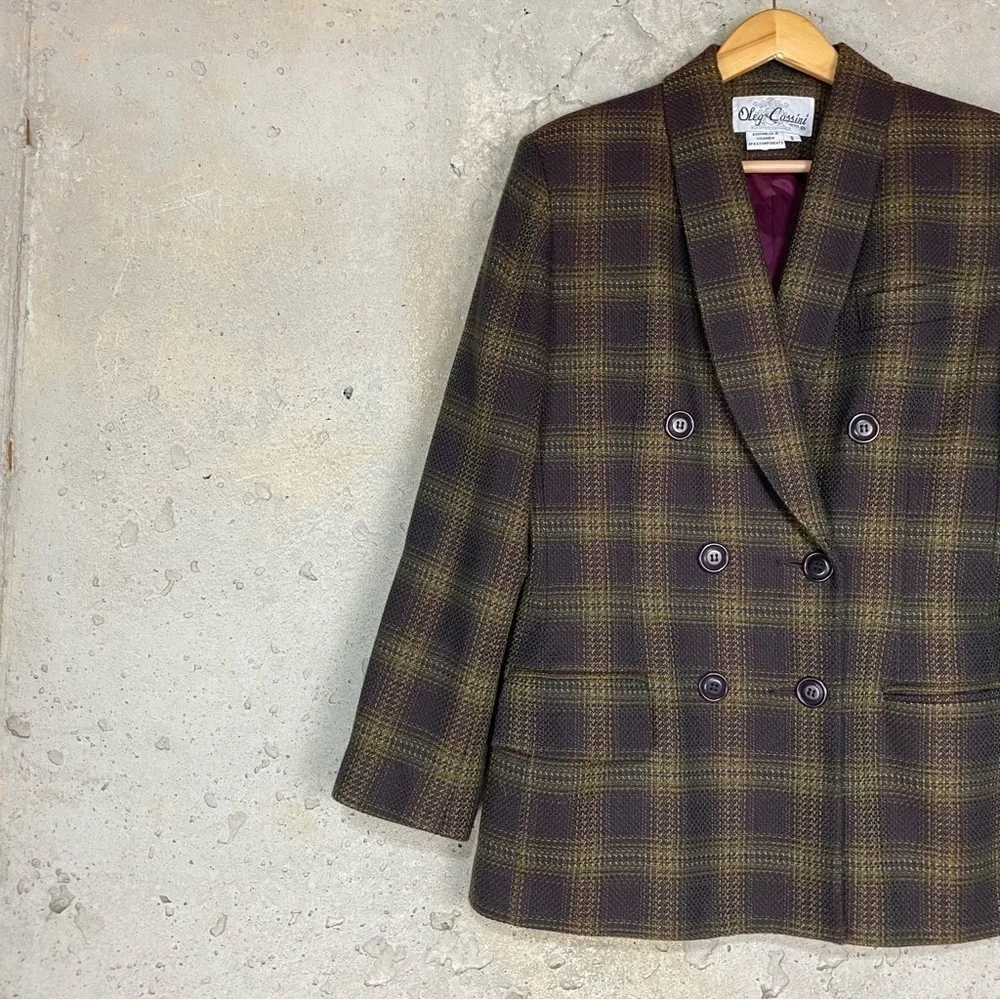 Vintage Oleg Cassini brown plum purple tan plaid double breasted blazer medium 8